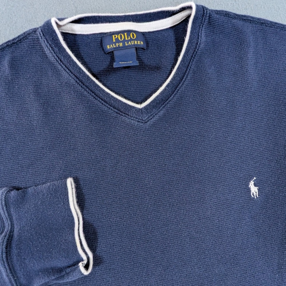Polo Ralph Lauren Thermal Shirt Mens 2XL Navy Blue V-Neck Waffle Knit